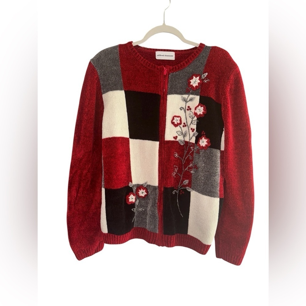 Alfred Dunner Red and Gray Floral Knit Cardigan - Picture 2 of 9